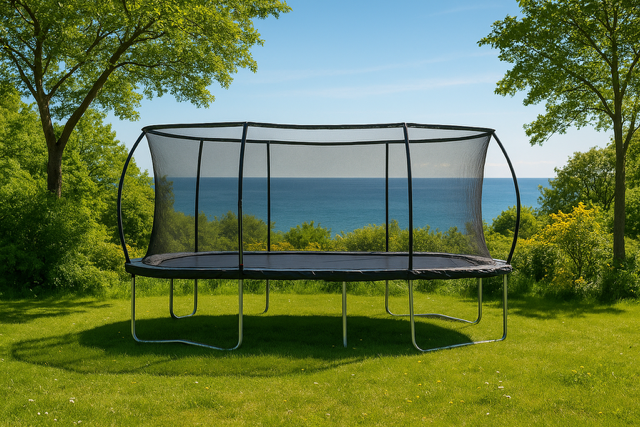 Rektangul�r trampoline med sikkerhetsnett - svart + Stige til trampoline