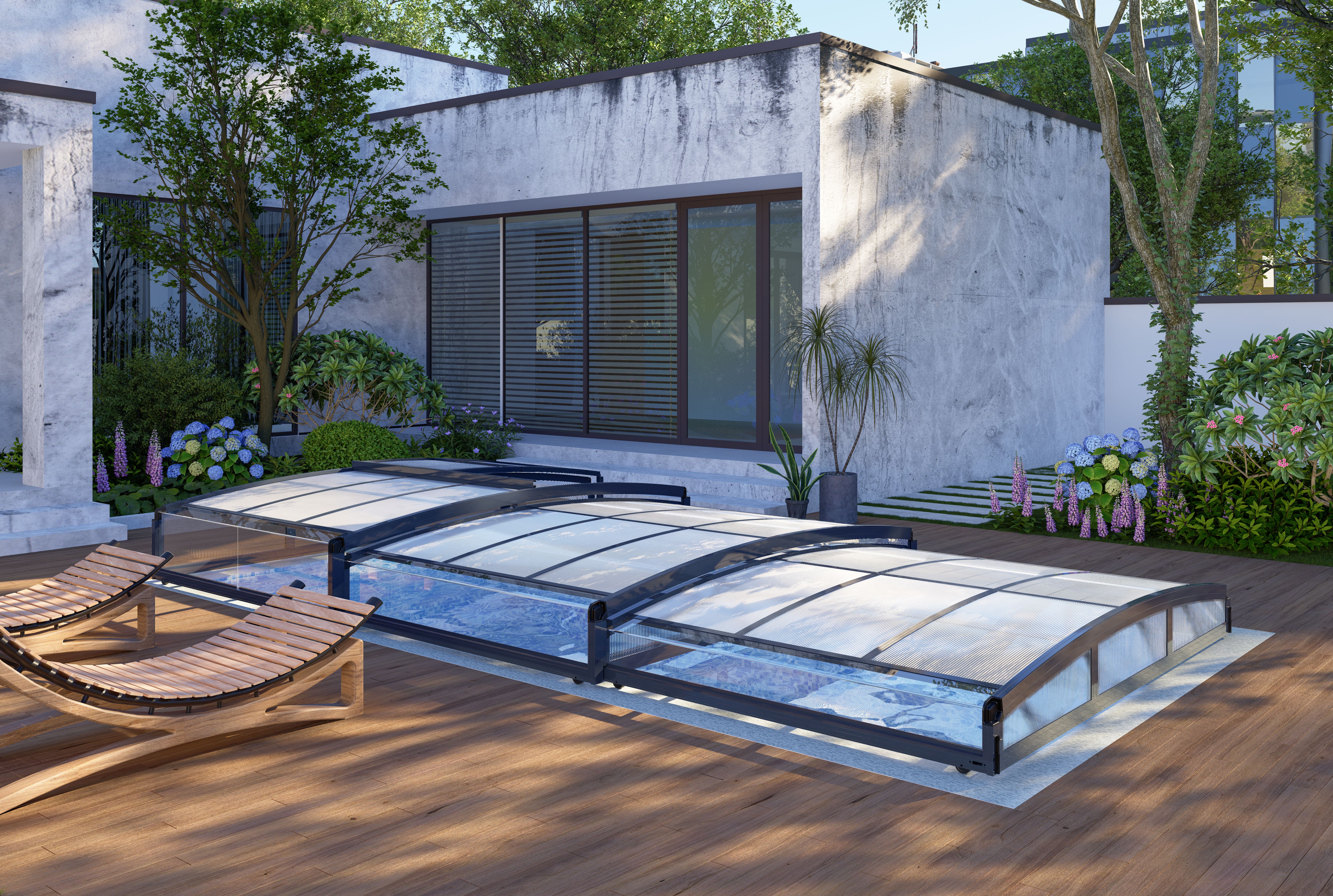 Bassengtak i svart polykarbonat 663x326x80 cm