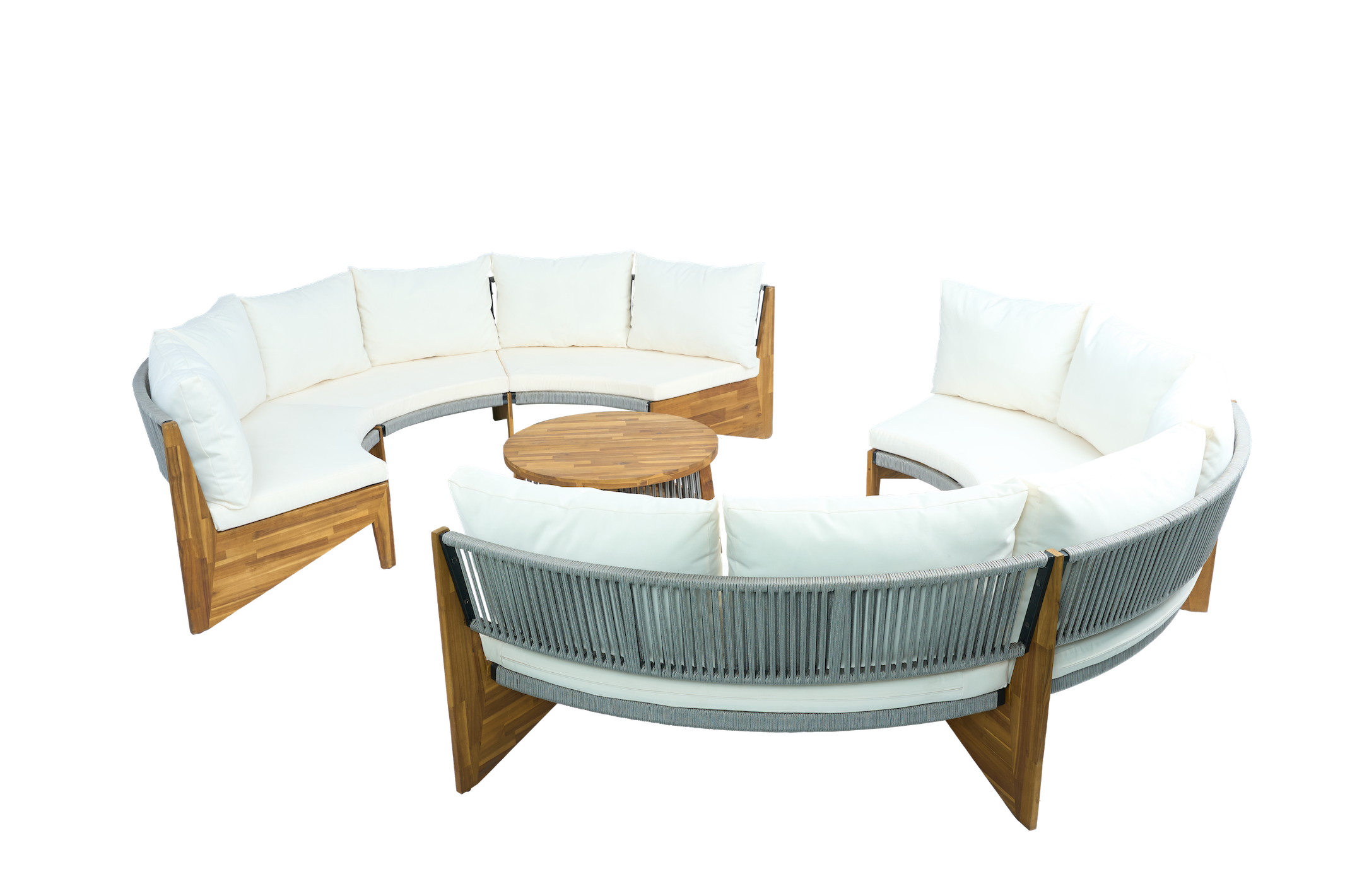 Rundt sofasett med bord | To sofaer i tau og akasietre | Kremfarget