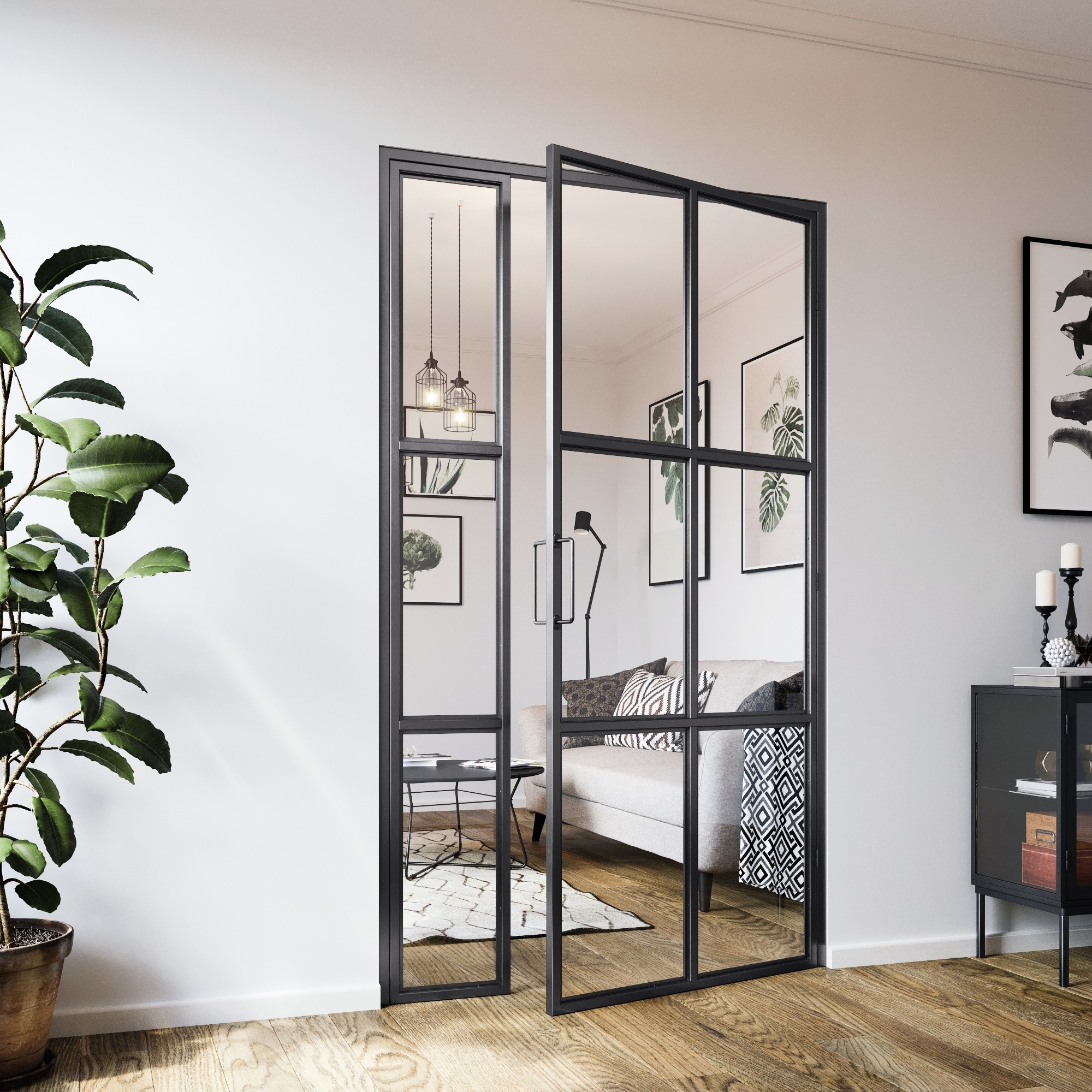 Helena dør med sideparti 125x210, metall PC/klar Helena dør med sideparti 125x210, metall PC/klar