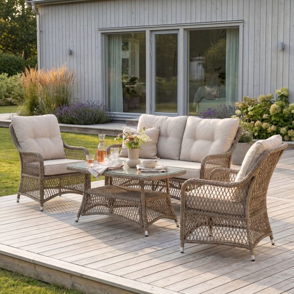 Utend�rs loungesett, 4 deler, syntetisk rotting, sofa, lenestoler, bord