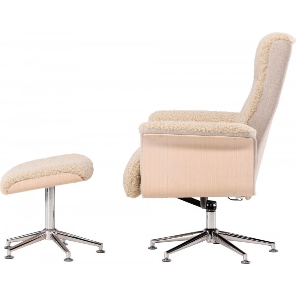 Lenestol med fotskammel Hag�n - beige teddy hvitvasket