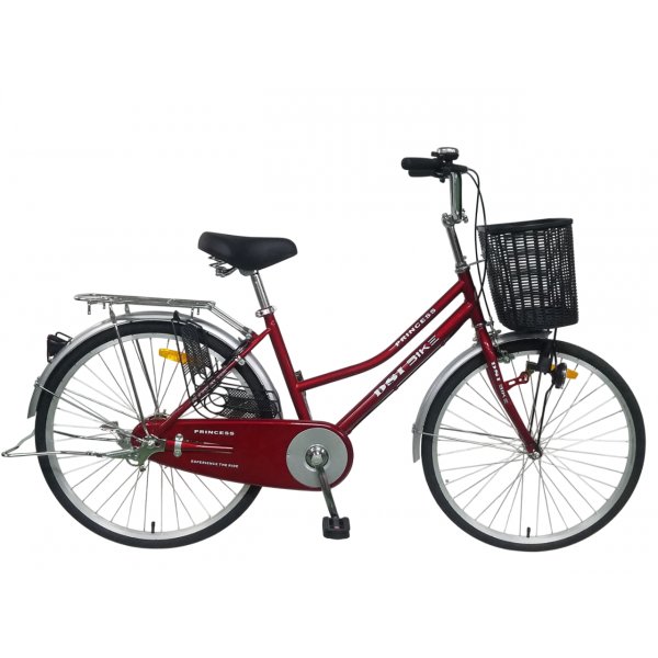 Damesykkel 24" - Rd | Klassisk modell med kurv og bagasjebrett