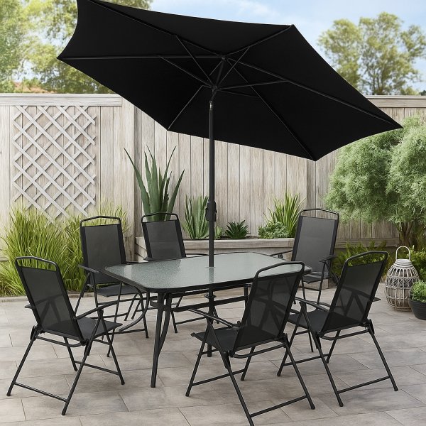 Komplett uteserveringssett med 6 stoler og parasoll