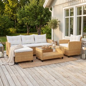 Utend�rs sofagruppe med divan og lenestol | Loungegruppe i kunstrotting | Beige