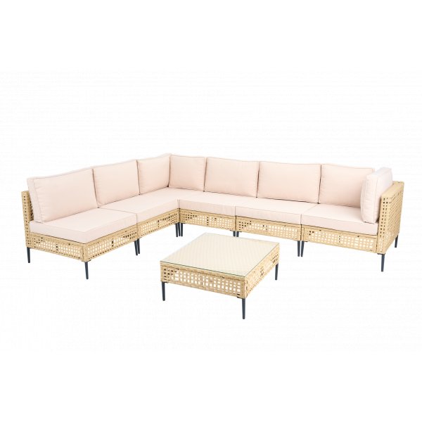 Stor utend�rs hj�rnesofa med bord | Loungesett i kunstrotting | Kremfarget