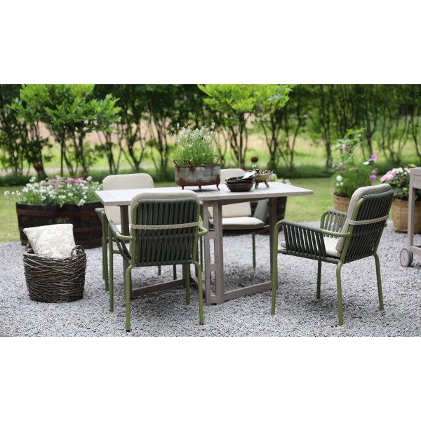 Spisegruppe Salt� gr� teak: Klaffbord inkl. 4 stk. gr�nne Lincoln-karmstoler