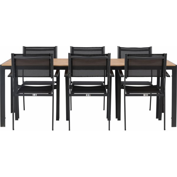 Matvaregruppen i Chania; 6 Copacabana-stoler med spisebord 205 x 90 cm - Svart/natur + Tekstilimpregnering for utembler