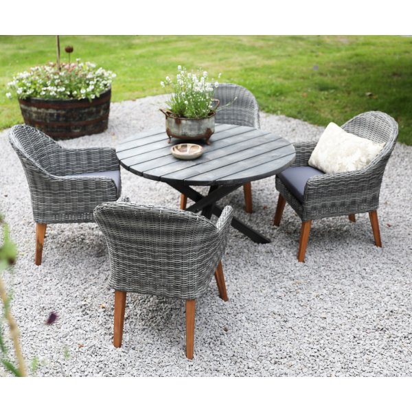 Spisegruppe Mercury: Scottsdale rundt bord inkl. 4 stk. Valetta lenestoler i grå kunstrotting Spisegruppe Mercury: Scottsdale rundt bord inkl. 4 stk. Valetta lenestoler i grå kunstrotting