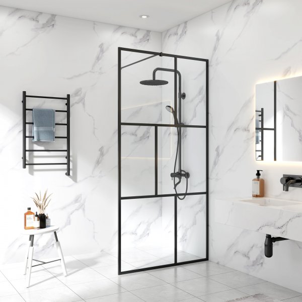 Dusjvegg 100×200 cm - svarte stenger og 6 mm sikkerhetsglass Dusjvegg 100×200 cm - svarte stenger og 6 mm sikkerhetsglass
