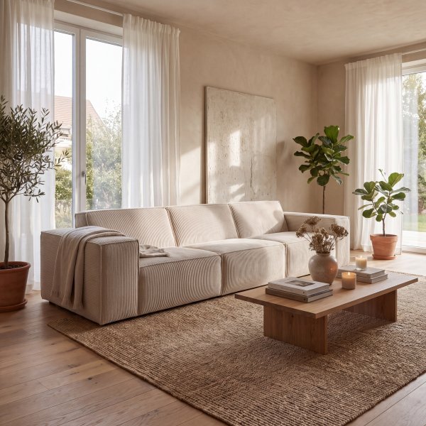 Beige modulsofa i kordfl�yelsstoff - 310 cm bred modell med 100 dybde og 74 h�yde
