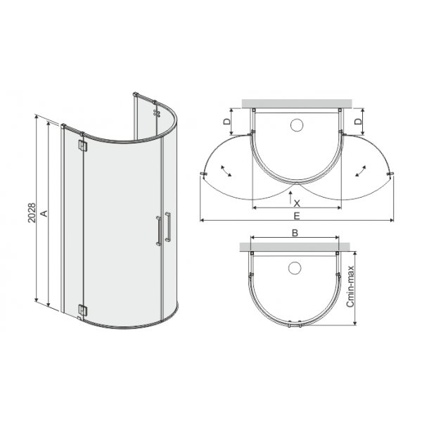 Space Line halvrundt dusjhj�rne (mot enkelvegg) - 6 og 8mm glass