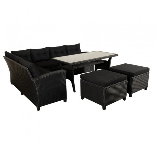 New York utend�rs gruppe; hj�rnesofa med bord og fotskammel - Sort kunstrotting