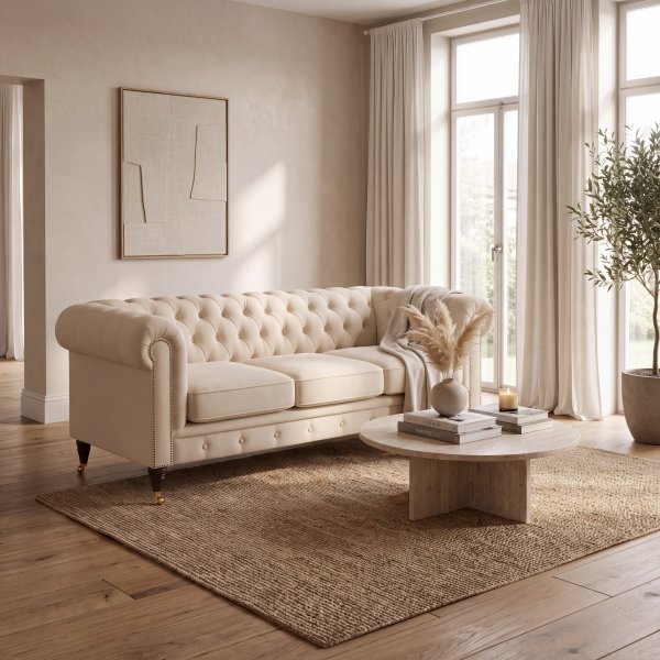 Sofa Chesterfield Cambridge Deluxe 225 cm - Lys gr� beige fl�yel
