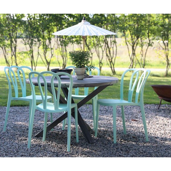 Spisegruppe Scottsdale: Rundt grått trebord inkl. 4 stk. Bally stablebare stoler Spisegruppe Scottsdale: Rundt grått trebord inkl. 4 stk. Bally stablebare stoler