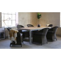 Matgruppe Alva: Spisebord i teak / galvanisert stål med 6 Mercury lenestoler i brun kunstrotting Matgruppe Alva: Spisebord i teak / galvanisert stål med 6 Mercury lenestoler i brun kunstrotting
