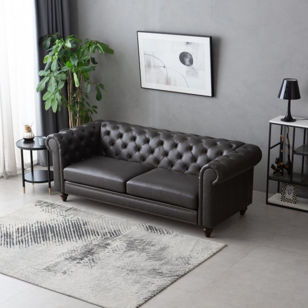 Sofa Chesterfield 3-seter 219 cm - m�rkebrun PU