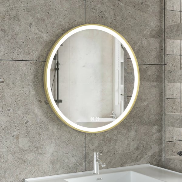 LED-speil 80x80 cm med gullfarget aluminiumsramme og antidugg