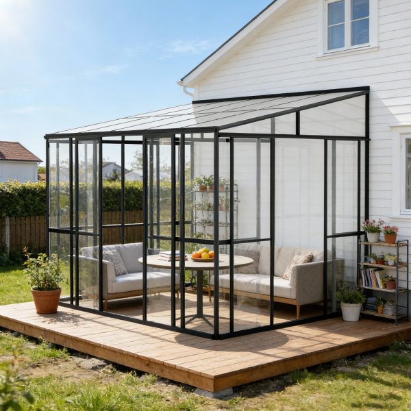 Veggmontert vinterhage - 10,1 m² og skyvedører i glass til balkong Veggmontert vinterhage - 10,1 m² og skyvedører i glass til balkong
