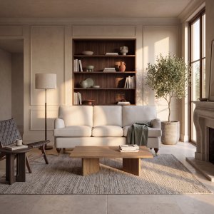 Buet 3-seters sofa Howard - Beige med brune ben og messinghjul, 225 cm