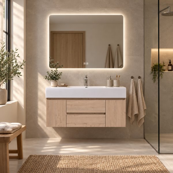Baderomspakke 120 cm Lyst tre med LED-speil - Miami Baderomspakke 120 cm Lyst tre med LED-speil - Miami