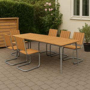 Utendørs spisegruppe Möllan bord 176x90 cm med 6 stoler - Teak / Galvanisert stål Utendørs spisegruppe Möllan bord 176x90 cm med 6 stoler - Teak / Galvanisert stål