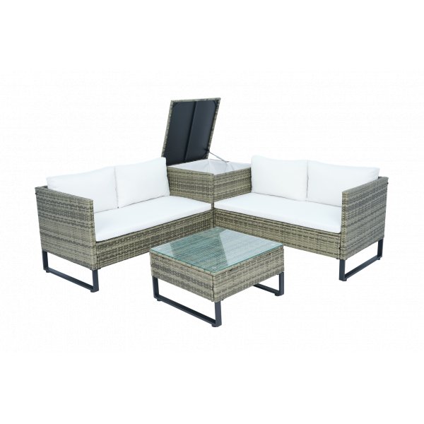 Hjørnesofasett grå kunstrottingsofa med bord og puteboks + Flekkfjerner for møbler Hjørnesofasett grå kunstrottingsofa med bord og puteboks + Flekkfjerner for møbler
