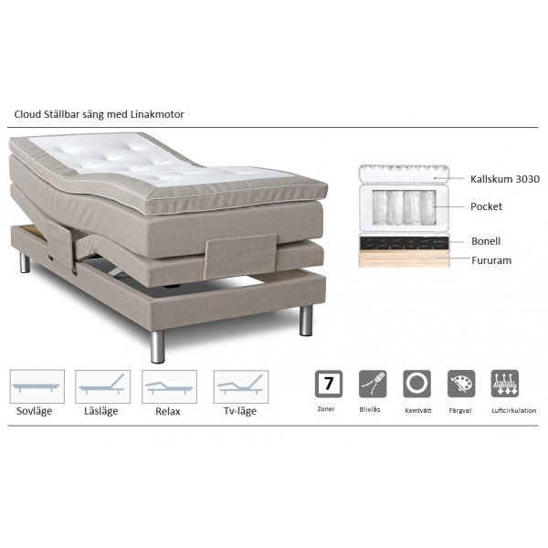 Justerbar seng 7-soners 80 cm - Lys gr�