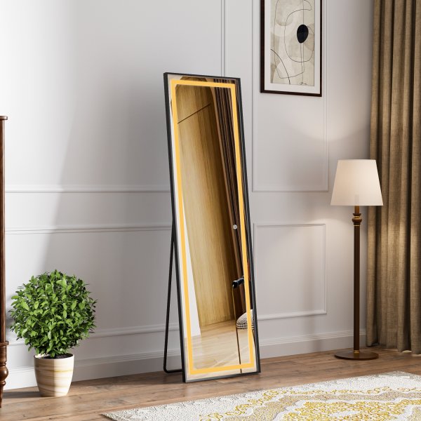 Stende speil med belysning - 170x50 cm - svart ramme