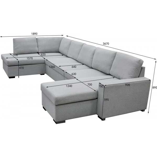 U-formet sofa med oppbevaring 367 cm grå U-formet sofa med oppbevaring 367 cm grå