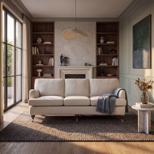 Howard Watford Deluxe buet 4-seters sofa - 225 cm, beige og messinghjul Howard Watford Deluxe buet 4-seters sofa - 225 cm, beige og messinghjul