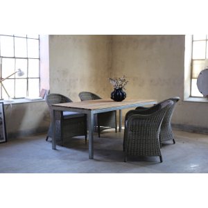 Matgruppe Alva: Spisebord i teak / galvanisert stl med 4 stk. Mercury lenestoler i brun kunstrotting