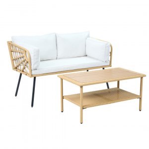 Balkongsett 2-seters sofa med bord + Kompakt loungesett for balkong + Beige Balkongsett 2-seters sofa med bord + Kompakt loungesett for balkong + Beige