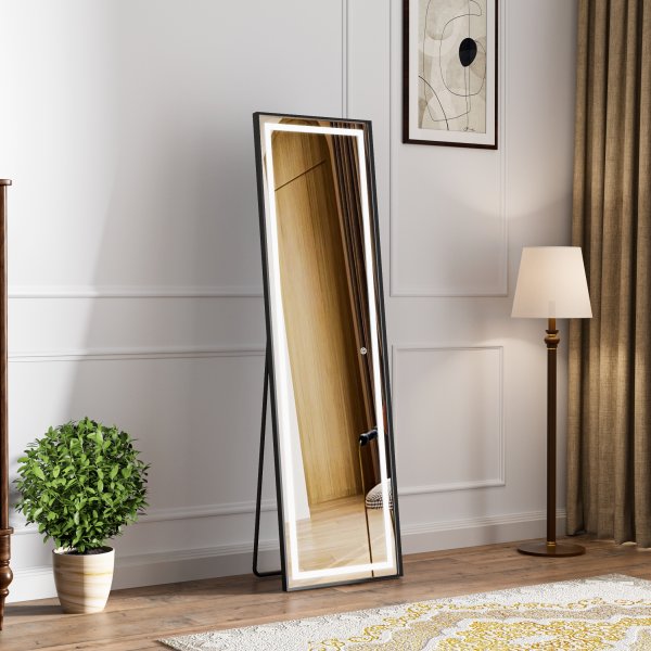 Stende speil med belysning - 170x50 cm - svart ramme