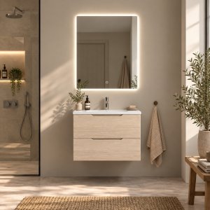 Baderomspakke 60 cm Lys treimitasjon med LED-speil - Vega + Toalettpapirholder