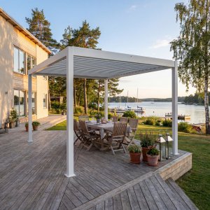 Motorisert pergola 4x3m aluminium LED-belysning hvitt tak