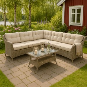 Baskemölle utendørs sofagruppe; Hjørnesofa med bord i naturrotting Baskemölle utendørs sofagruppe; Hjørnesofa med bord i naturrotting