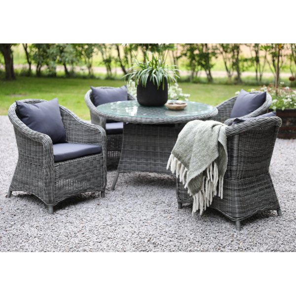 Jacksonville utendrs spisegruppe; 110 cm rundt bord inkl. 4 stk. Mercury lenestoler gr kunstrotting + Tekstilimpregnering for utembler