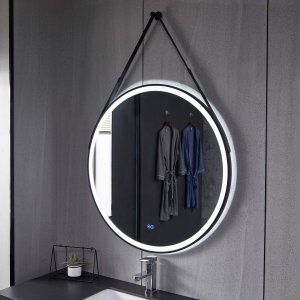 Rundt speil 80 cm med LED-belysning, antidugg og opphengsstropp