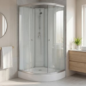 Dusjkabinett 90�90x210 cm | Hvitt glass og massasjedyser | Vel�r