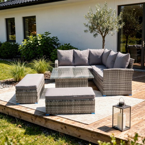Hj�rnesofa for 6-8 personer med bord og 2 krakker - Utem�bler med puter og herdet glass