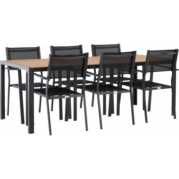 Matvaregruppen i Chania; 6 Copacabana-stoler med spisebord 205 x 90 cm - Svart/natur + Tekstilimpregnering for utembler