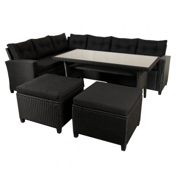 New York utend�rs gruppe; hj�rnesofa med bord og fotskammel - Sort kunstrotting