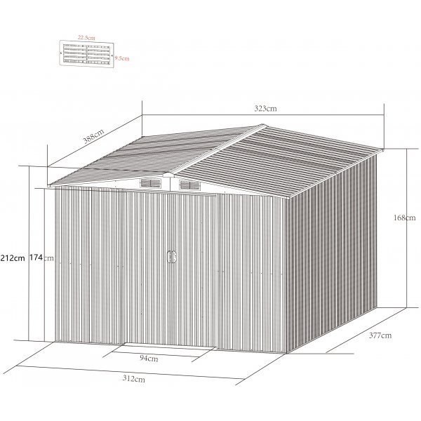 Lagerrom 12,5 m² galvanisert stålplate skyvedørsett utendørs Lagerrom 12,5 m² galvanisert stålplate skyvedørsett utendørs