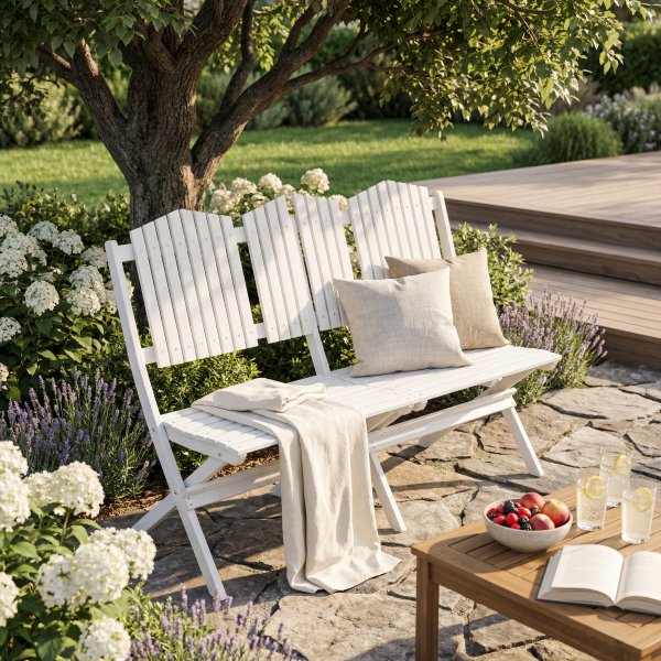Hvit utesofa i tre 130 cm - Sammenleggbar hagebenk utendørs + Flekkfjerner for møbler Hvit utesofa i tre 130 cm - Sammenleggbar hagebenk utendørs + Flekkfjerner for møbler
