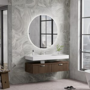 Baderomsm�bel 120 cm m�rkebrun med rundt LED-speil og keramisk vask