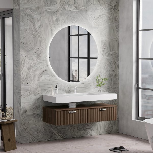 Baderomsm�bel 120 cm m�rkebrun med rundt LED-speil og keramisk vask