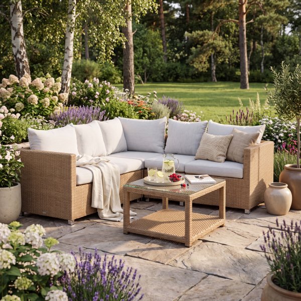 Loungegruppe Natur med hvite puter 200x200 - Vamos + Flekkfjerner for møbler Loungegruppe Natur med hvite puter 200x200 - Vamos + Flekkfjerner for møbler