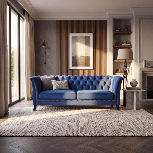 Blå Chesterfield-sofa 3-seter - Milton i fløyel, mål 210x82x77 cm Blå Chesterfield-sofa 3-seter - Milton i fløyel, mål 210x82x77 cm