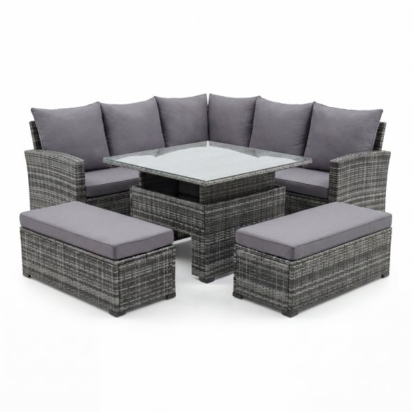 Hj�rnesofa for 6-8 personer med bord og 2 krakker - Utem�bler med puter og herdet glass